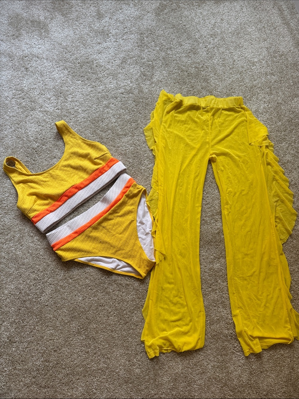Amazon Yellow Ruffle Flare Pants with Striped Yellow Tank Bodysuit